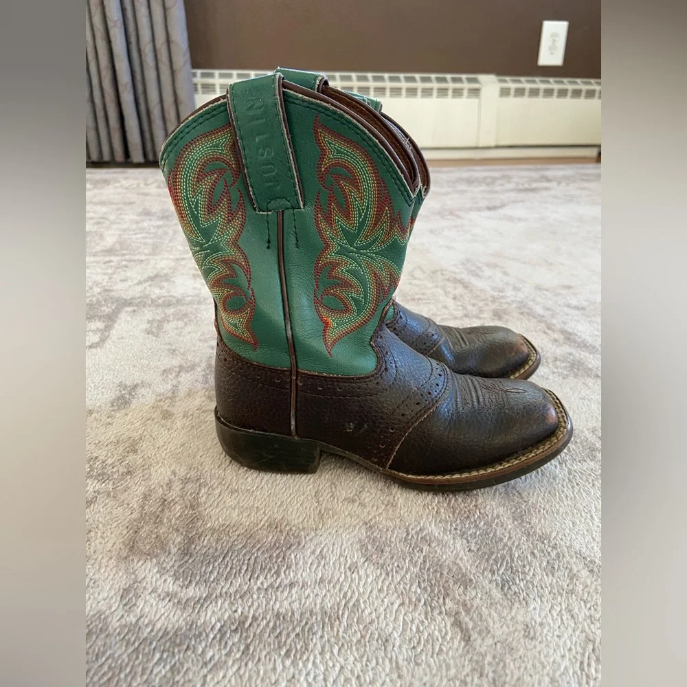 Justin Kids Youth‎ Square Toe Boots Stampede 7201JR Brown and Green Leather 10 D